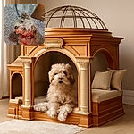 A fluffy, curly-haired dog looks up with soulful eyes while sitting on a textured carpet near a wooden piece of furniture, with a leash trailing behind. The warm lighting adds a cozy vibe to the scene.