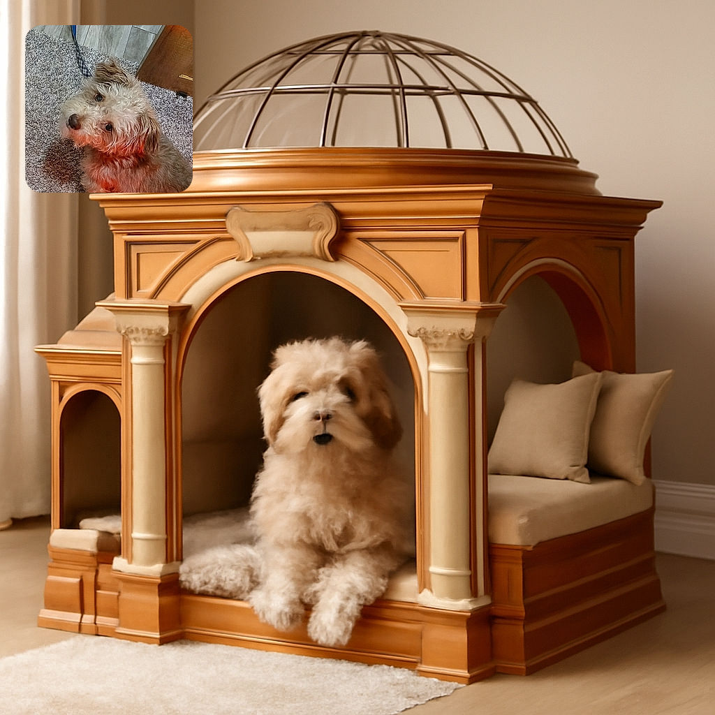 A fluffy, curly-haired dog looks up with soulful eyes while sitting on a textured carpet near a wooden piece of furniture, with a leash trailing behind. The warm lighting adds a cozy vibe to the scene.