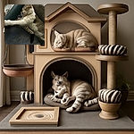 A cozy cat is deeply napping on a soft surface, hugging a striped plush toy with one paw stretched out, looking completely content and peaceful in its comfy spot.