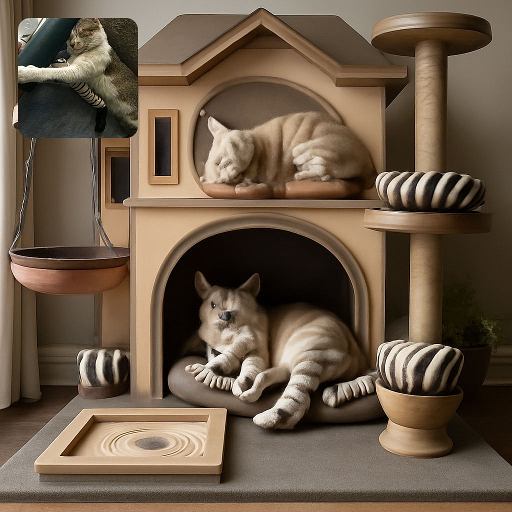 A cozy cat is deeply napping on a soft surface, hugging a striped plush toy with one paw stretched out, looking completely content and peaceful in its comfy spot.