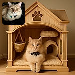 A fluffy light-orange cat with captivating amber eyes lounges comfortably on a dark surface, sporting a quirky black bow tie with white patterns and a blue tag, looking like it just stepped out of a feline fashion show.