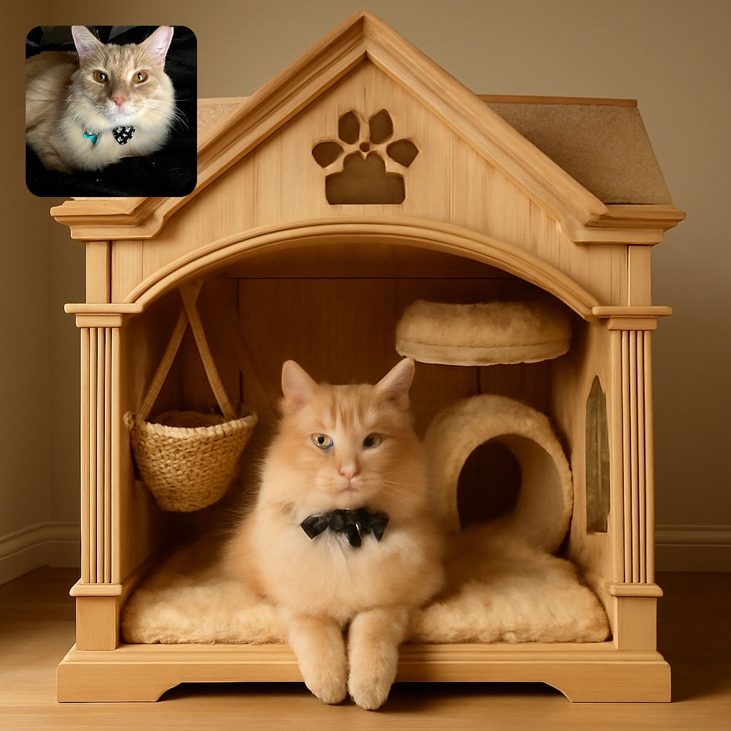 A fluffy light-orange cat with captivating amber eyes lounges comfortably on a dark surface, sporting a quirky black bow tie with white patterns and a blue tag, looking like it just stepped out of a feline fashion show.