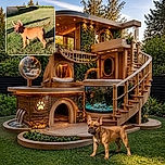A stocky little brown puppy stands proudly in the sunny backyard, ears pointed skyward like satellite dishes and tail held high as if announcing, “The lawn inspection has begun!”
