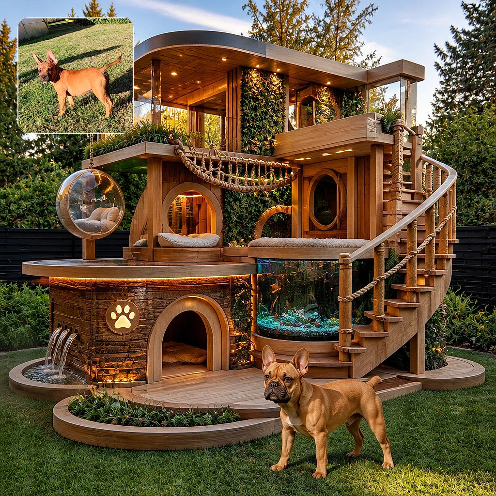 A stocky little brown puppy stands proudly in the sunny backyard, ears pointed skyward like satellite dishes and tail held high as if announcing, “The lawn inspection has begun!”