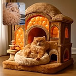 A fluffy ginger cat is curled up on a textured blue blanket, looking a bit sleepy and cozy with its paws tucked in and tail fluffed up like a furry cloud.