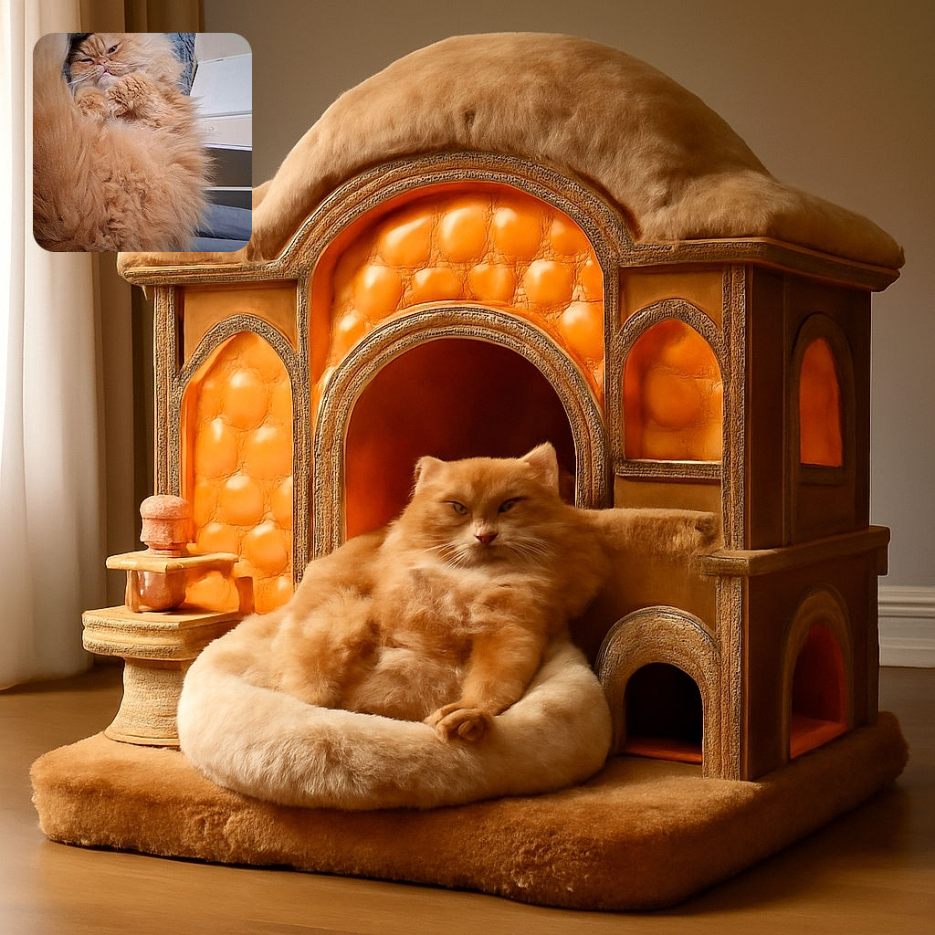 A fluffy ginger cat is curled up on a textured blue blanket, looking a bit sleepy and cozy with its paws tucked in and tail fluffed up like a furry cloud.