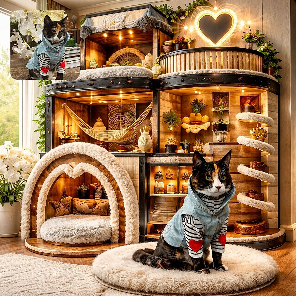 A stylish calico kitten striking a very serious runway pose in a tiny denim hoodie and striped sweater with red heart patches, sitting primly on a wooden table in front of a lush bouquet of white orchids and roses — equal parts haute couture and offended feline royalty.