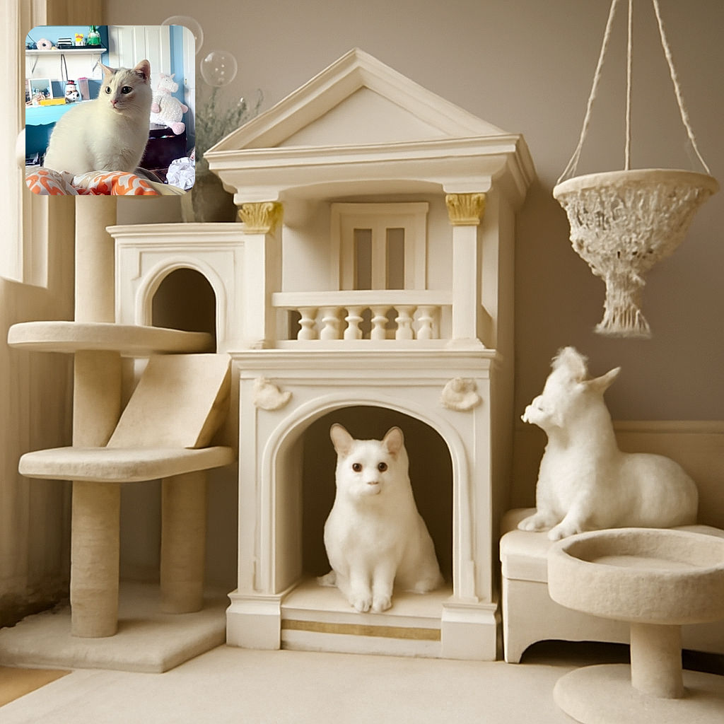 A fluffy white cat with a curious expression sits on a bed with orange and white patterned blankets, surrounded by a cozy room featuring a blue wall, a TV, a shelf with various knick-knacks, and a plush unicorn in the background.