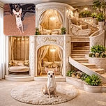 A small, alert Chihuahua sits on a patterned carpet in front of a black office chair, looking straight at the camera with its big ears perked up, surrounded by a cozy indoor setting with wooden furniture and some cables in the background.