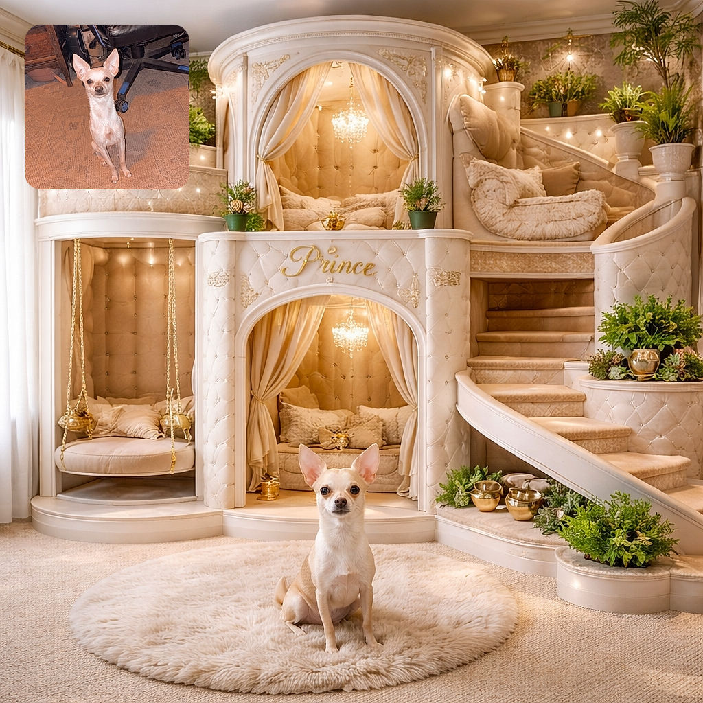 A small, alert Chihuahua sits on a patterned carpet in front of a black office chair, looking straight at the camera with its big ears perked up, surrounded by a cozy indoor setting with wooden furniture and some cables in the background.