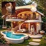 A brown-and-white dog stares up with a soulful, slightly guilty expression while standing on a torn rug beside a plastic spray bottle and a cluttered living-room floor — flash lighting gives the scene a cozy, amateur-sleuth vibe.