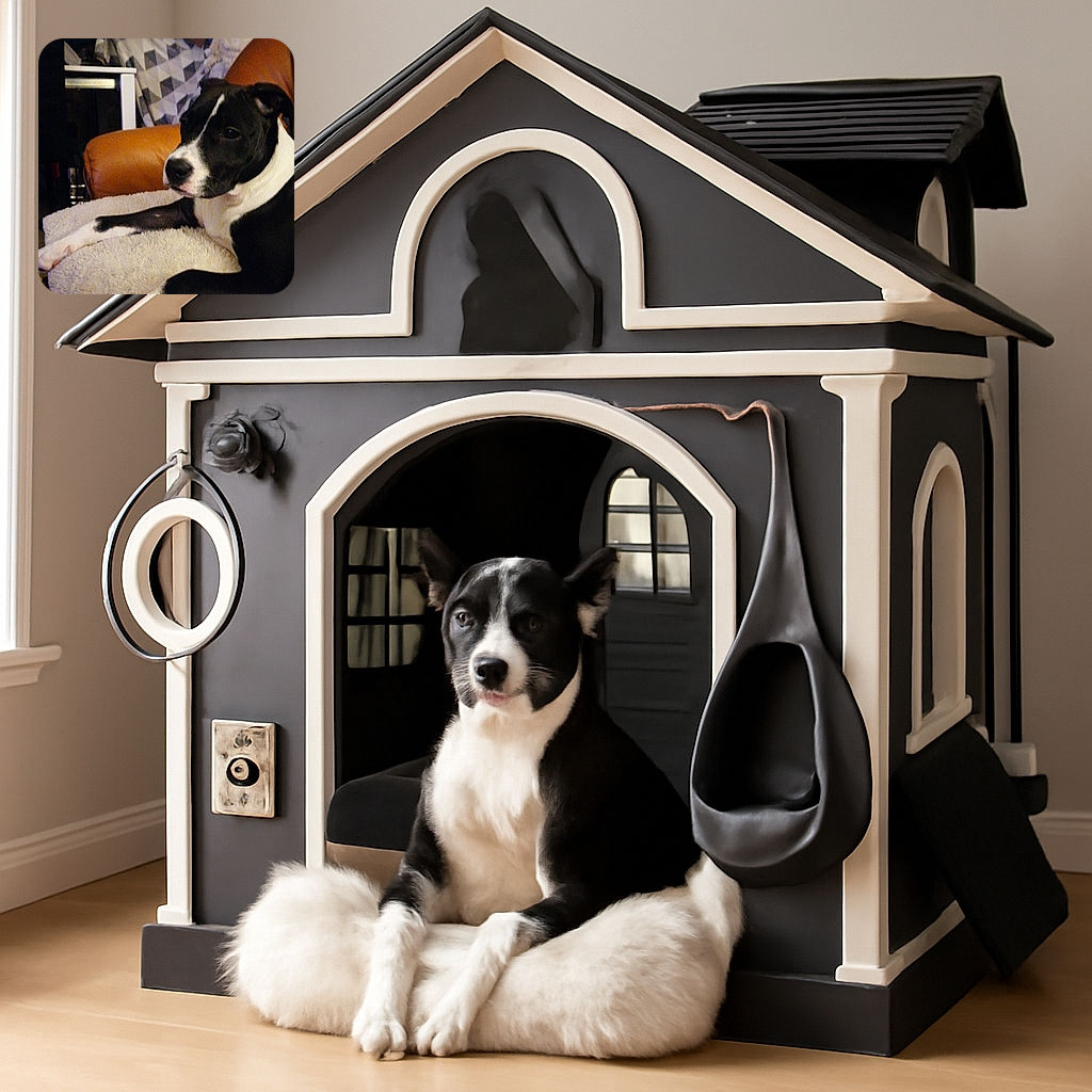 A relaxed black and white dog lounges comfortably on a soft, fluffy blanket draped over a cozy chair, surrounded by a cluttered background of boxes and household items, capturing a candid moment of pet tranquility.