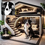 A black and white photo of a dog with soulful eyes looking directly at the camera, standing indoors near a radiator and a patterned bag. The image is enhanced with small heart-shaped light effects floating around, adding a touch of whimsy to the scene.