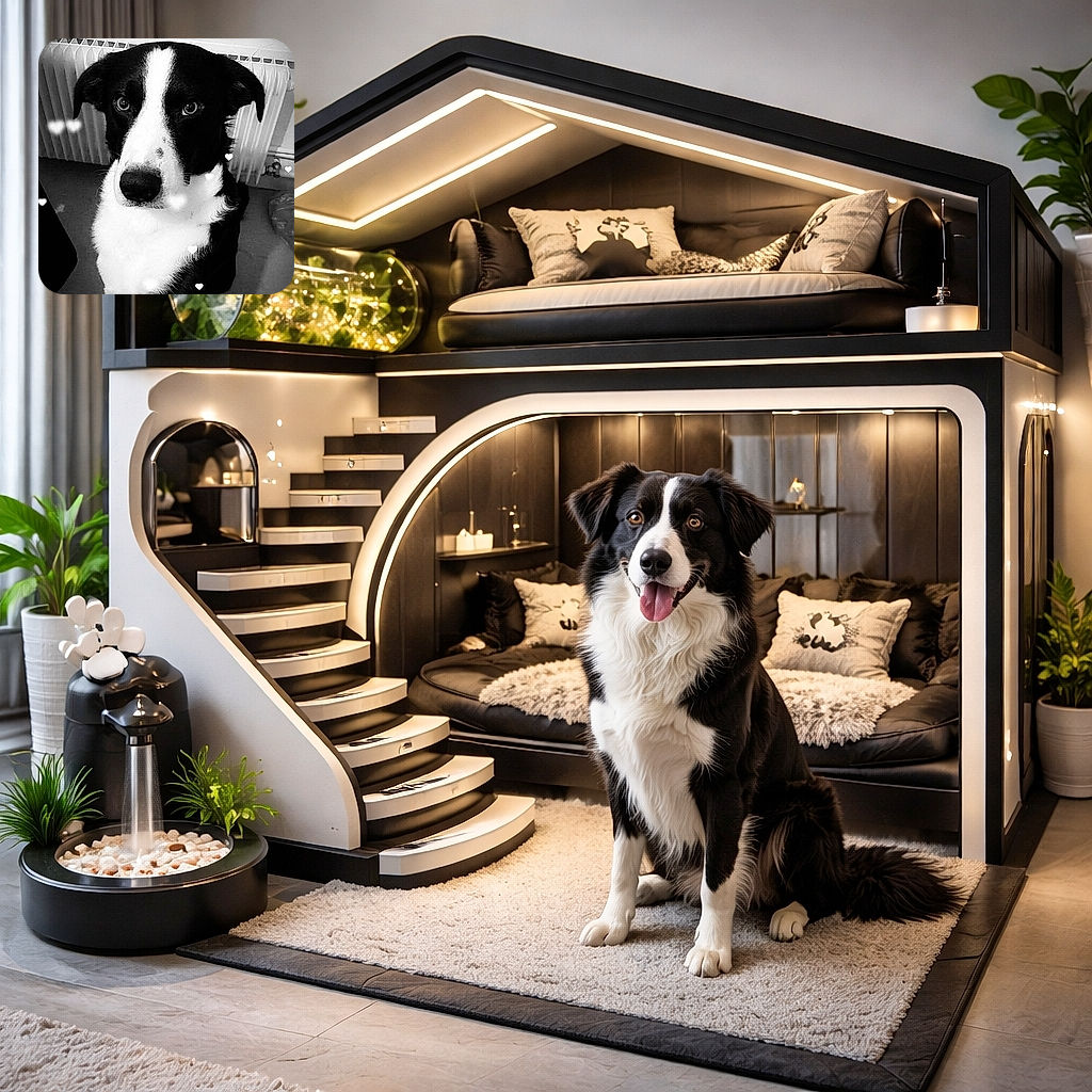 A black and white photo of a dog with soulful eyes looking directly at the camera, standing indoors near a radiator and a patterned bag. The image is enhanced with small heart-shaped light effects floating around, adding a touch of whimsy to the scene.