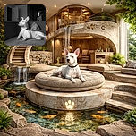 A dignified white dog lounges on a couch in a monochrome room with exposed beams. The dog strikes a regal pose, looking off into the distance as if pondering the mysteries of the universe, while a partially visible person sits in the background, adding a casual home vibe.