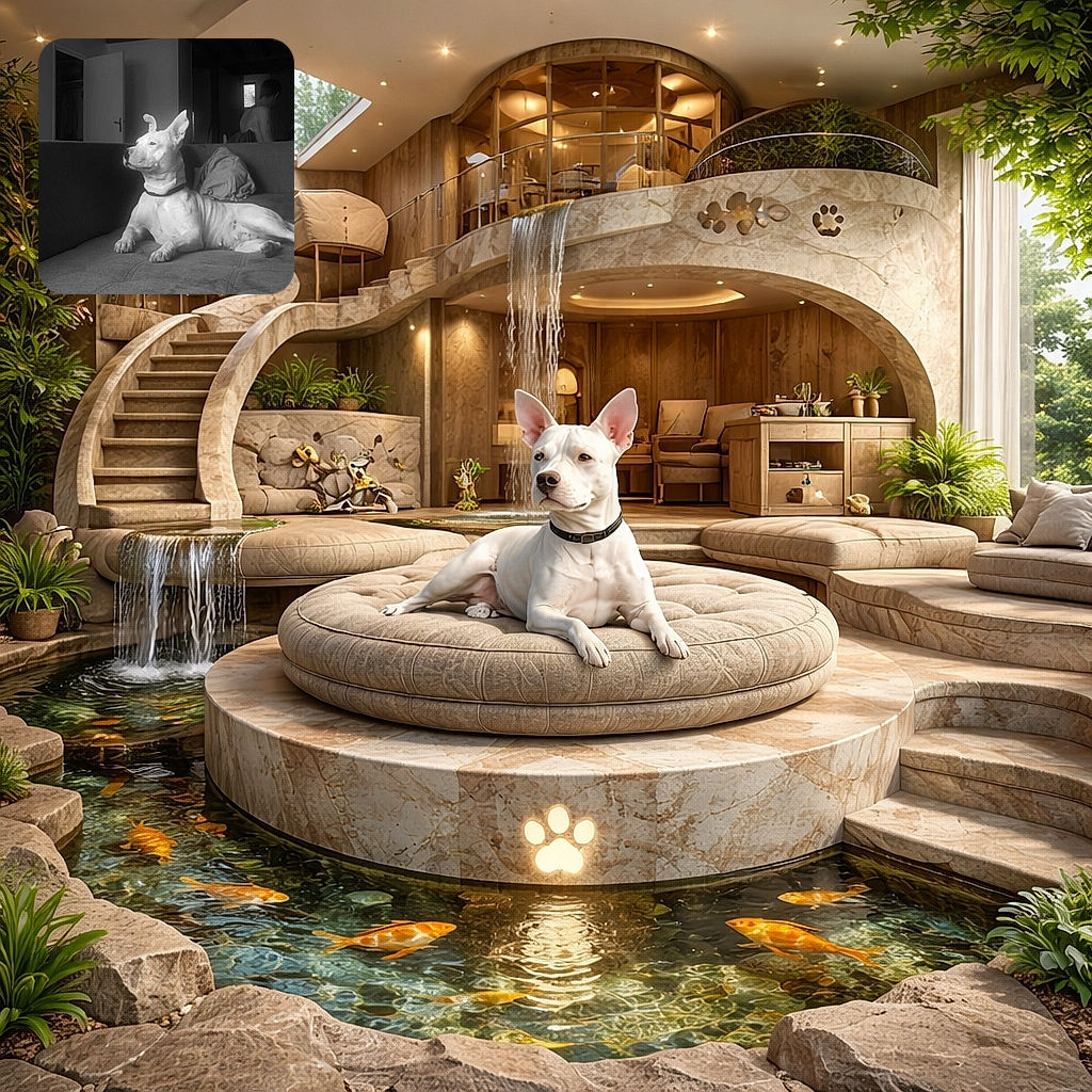 A dignified white dog lounges on a couch in a monochrome room with exposed beams. The dog strikes a regal pose, looking off into the distance as if pondering the mysteries of the universe, while a partially visible person sits in the background, adding a casual home vibe.