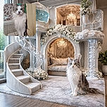 A fluffy, regal-looking cat with striking yellow eyes stands poised on a tiled floor, framed by a vintage wall and door. The cat's luxurious fur and serious expression make it look like the king of the hallway.