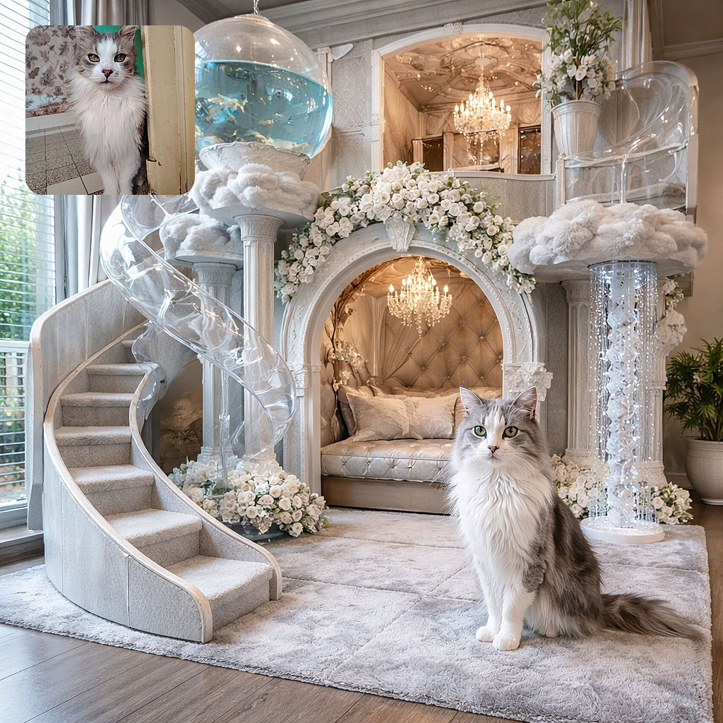 A fluffy, regal-looking cat with striking yellow eyes stands poised on a tiled floor, framed by a vintage wall and door. The cat's luxurious fur and serious expression make it look like the king of the hallway.