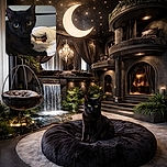 A curious black cat with bright eyes is sitting on a cozy bed covered in soft blankets, looking directly at the camera with a slightly blurry close-up shot.