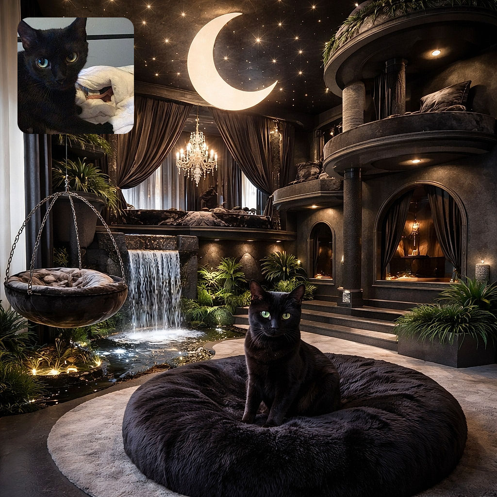 A curious black cat with bright eyes is sitting on a cozy bed covered in soft blankets, looking directly at the camera with a slightly blurry close-up shot.