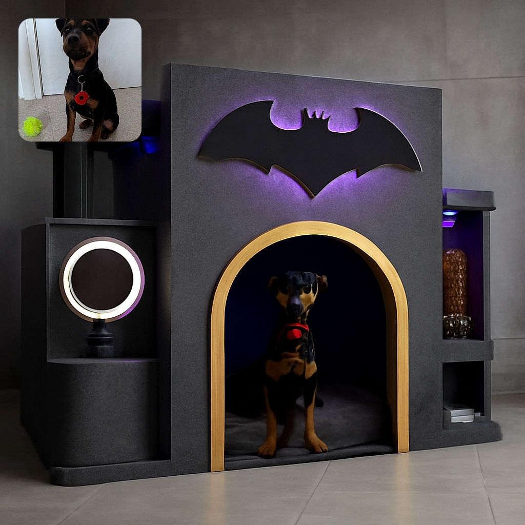 A cute puppy sitting attentively on a tiled floor next to a bright yellow tennis ball, wearing a collar with a red poppy tag, ready for some playful fun.