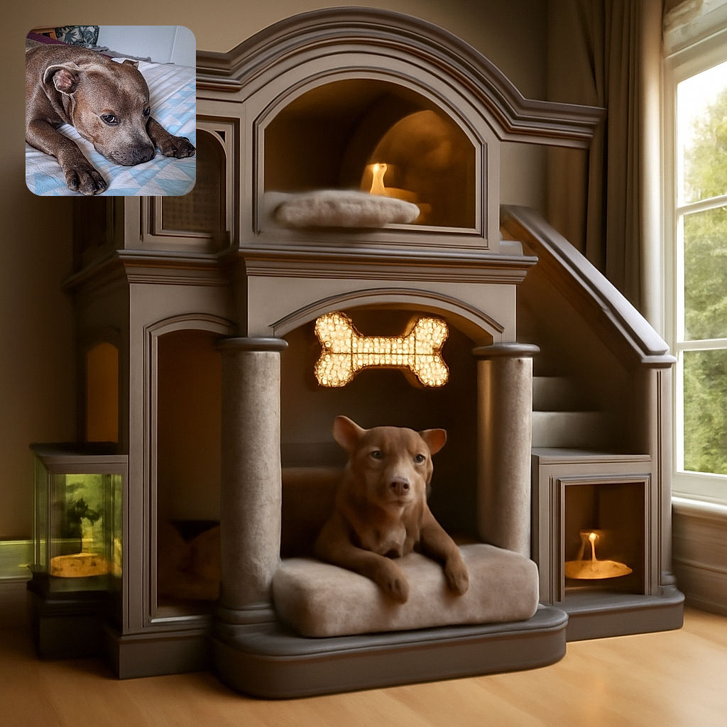 A cozy brown dog is lying on a bed with a blue and white geometric patterned blanket, looking slightly sleepy or contemplative. The background shows a bedside table with a lamp and a chair, creating a peaceful indoor scene.