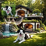 A cheerful black and white dog with a playful tongue out is lounging contentedly in a lush green meadow under bright sunlight, surrounded by tall grass and leafy trees.