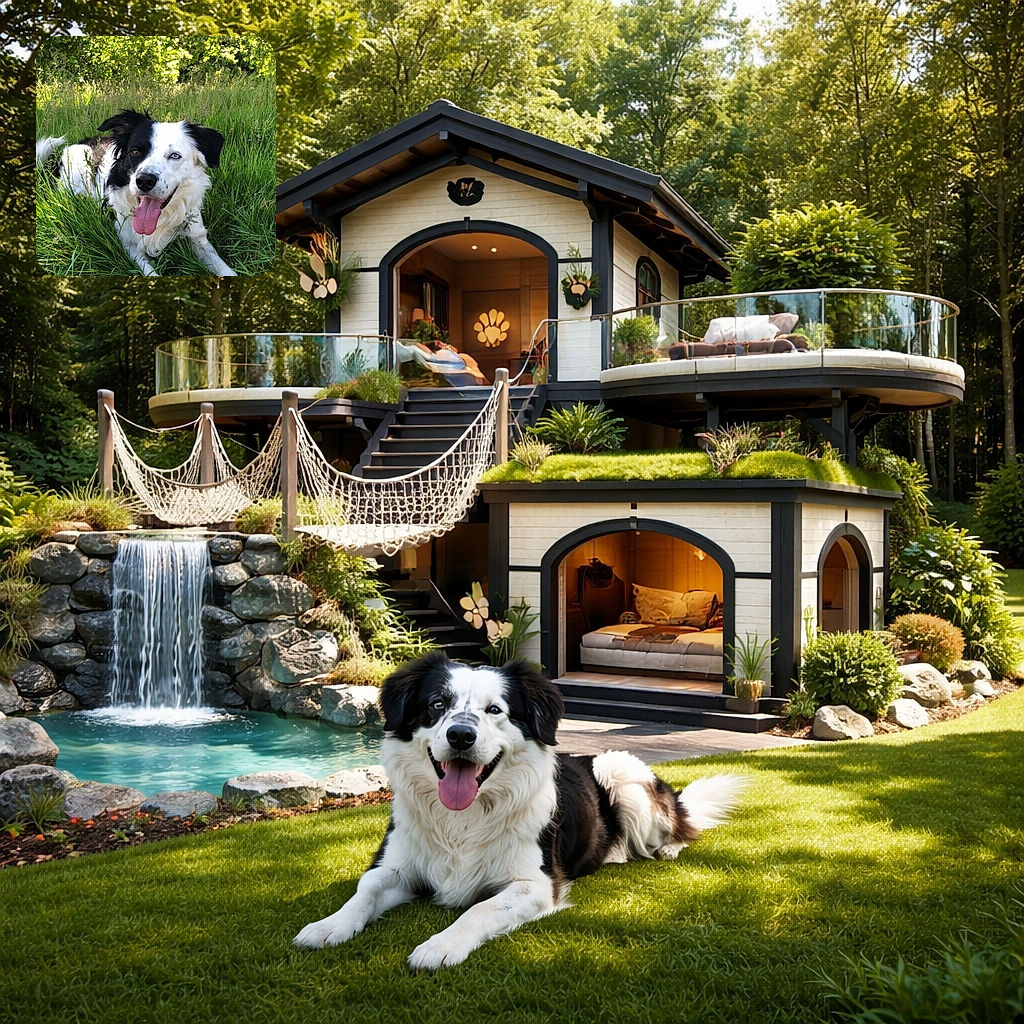 A cheerful black and white dog with a playful tongue out is lounging contentedly in a lush green meadow under bright sunlight, surrounded by tall grass and leafy trees.