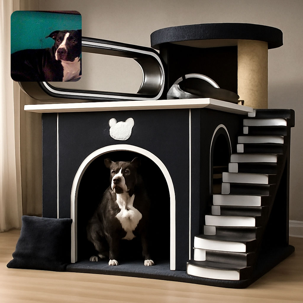 A blurry photo of a black and white dog lying down against a teal background, looking off to the side with a calm expression.