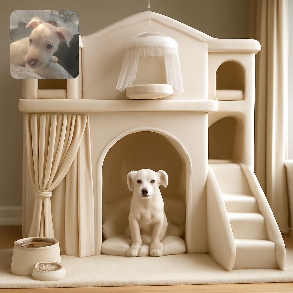 A close-up shot of an adorable light-colored puppy with a curious expression, resting comfortably indoors with soft lighting and a slightly blurred background.