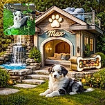 A fluffy, adorable puppy with striking blue eyes lounges on the grass under the shade of a leafy plant, next to a rustic wooden fence, looking curiously at the camera as if posing for its first modeling gig.
