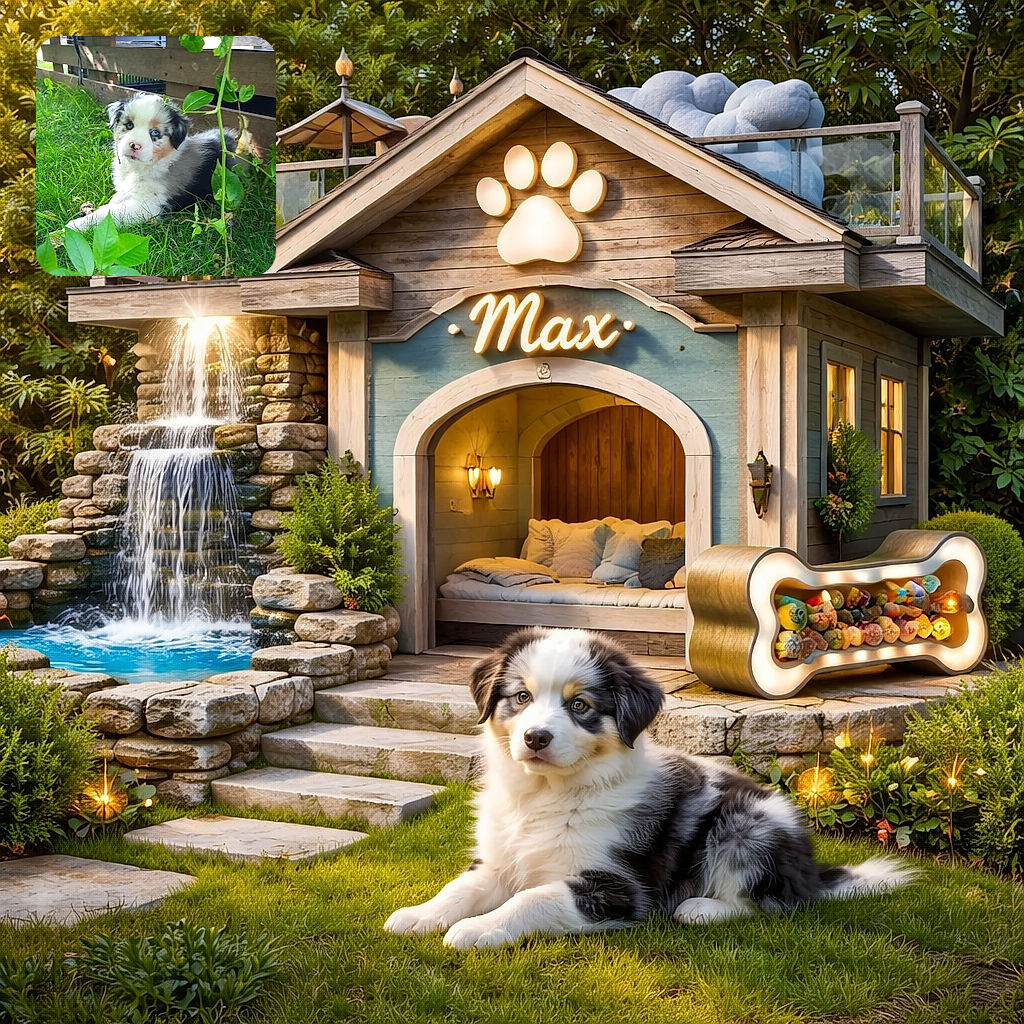 A fluffy, adorable puppy with striking blue eyes lounges on the grass under the shade of a leafy plant, next to a rustic wooden fence, looking curiously at the camera as if posing for its first modeling gig.