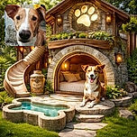 A charming dog with a yellow flower tucked behind its ear looks curiously at the camera, sitting on stone steps next to a weathered wall that adds rustic character to the scene.