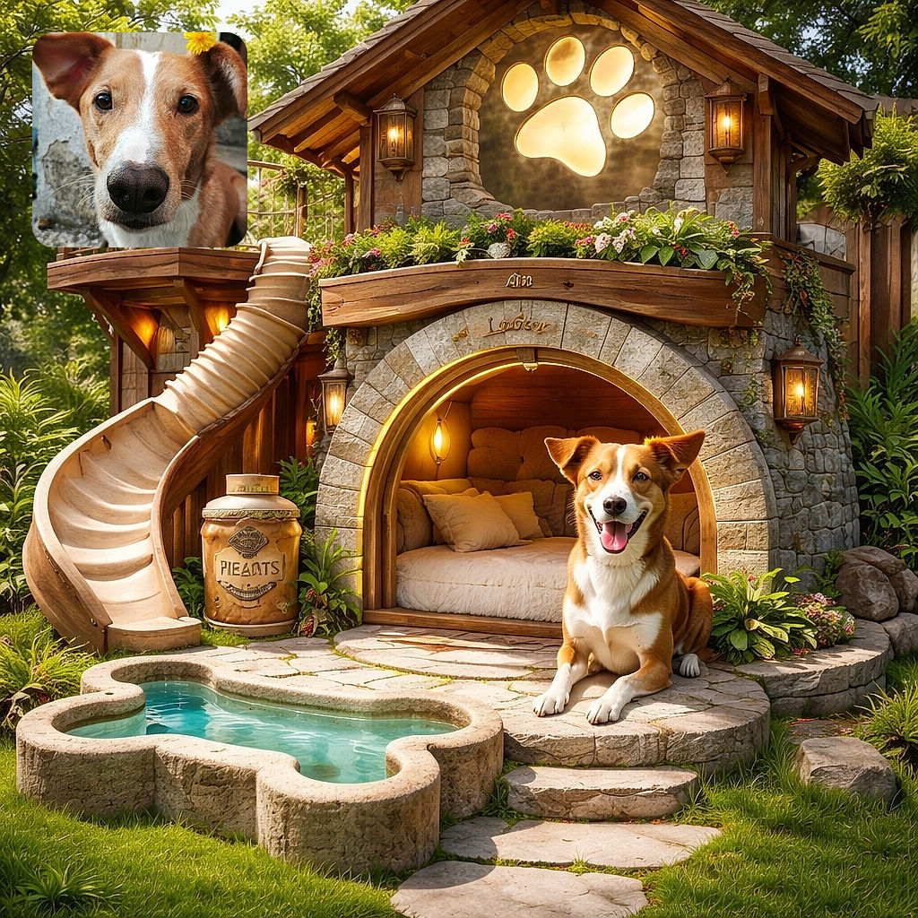 A charming dog with a yellow flower tucked behind its ear looks curiously at the camera, sitting on stone steps next to a weathered wall that adds rustic character to the scene.