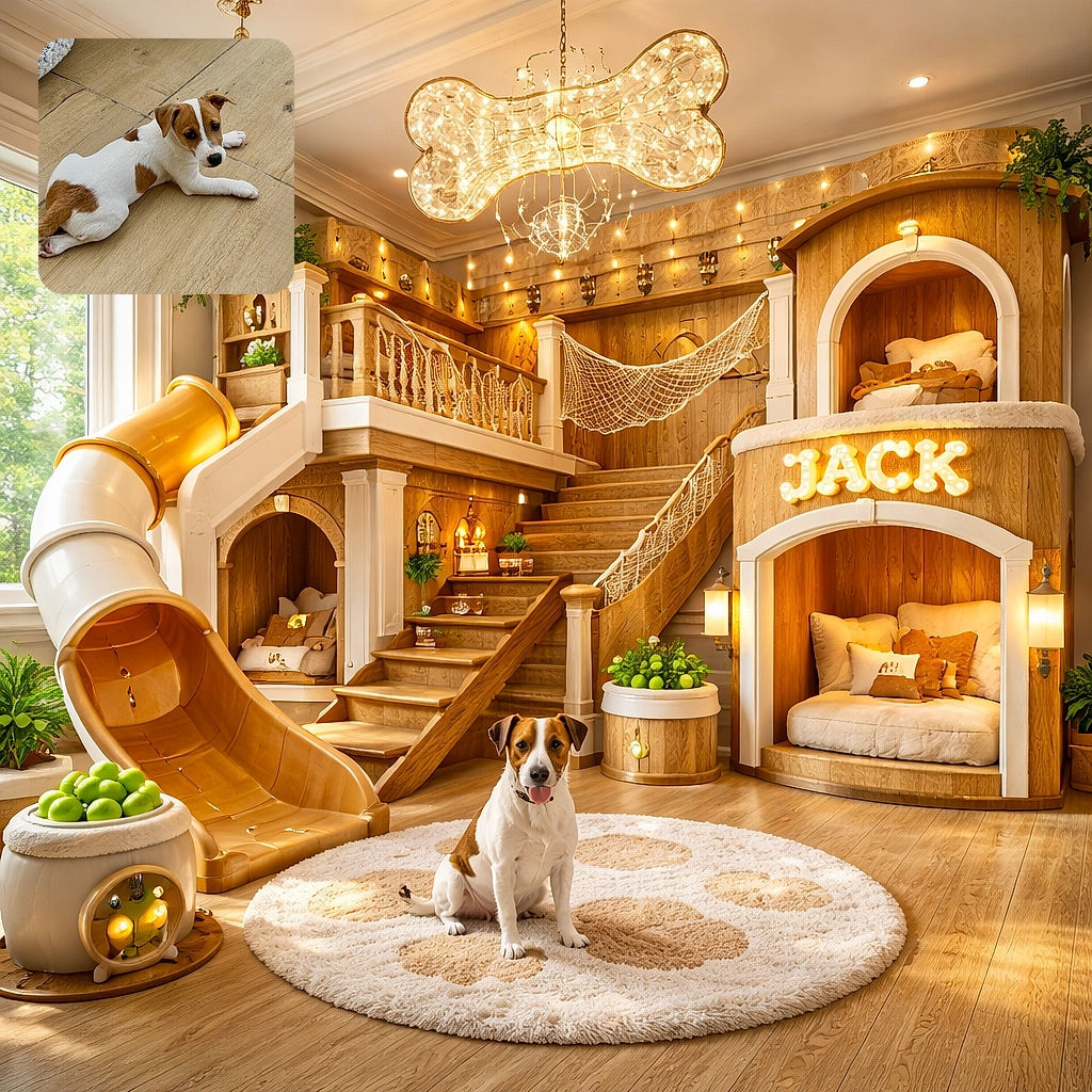 A charming small puppy with brown and white fur lounges comfortably on a wooden floor, looking curiously towards the camera with its ears perked up. A soft textured blanket is partially visible in the corner, adding a cozy touch to the scene.