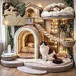 A fluffy white and gray cat lounges lazily on a tiled floor near a bed with a patterned blue bedspread and a pair of black slippers, looking curiously at the camera with a calm and relaxed demeanor.