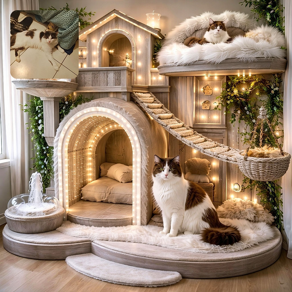 A fluffy white and gray cat lounges lazily on a tiled floor near a bed with a patterned blue bedspread and a pair of black slippers, looking curiously at the camera with a calm and relaxed demeanor.