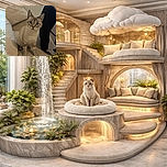 A curious cat with big, round eyes sits attentively on a cozy beige couch surrounded by soft pillows, looking like it's ready to pounce or demand a treat any second.