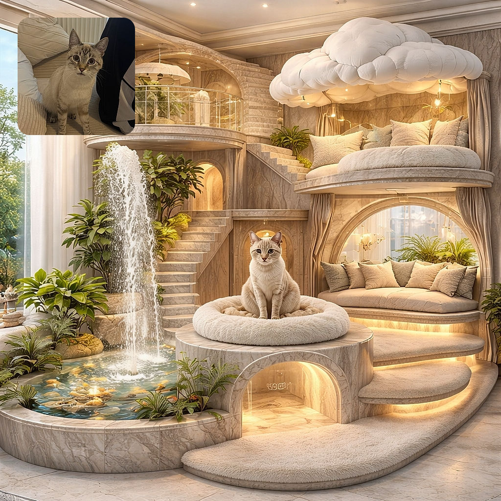 A curious cat with big, round eyes sits attentively on a cozy beige couch surrounded by soft pillows, looking like it's ready to pounce or demand a treat any second.