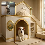 A small white dog with a brown ear is lying on a tiled floor inside near a glass door, looking up with an innocent and curious expression. Outside the door, a green bench with a colorful blanket is visible, adding a cozy touch to the scene.