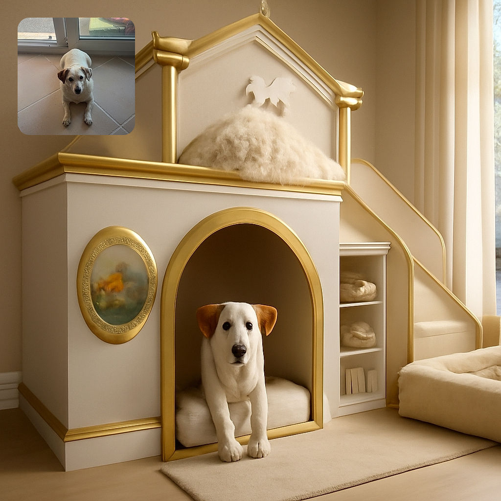 A small white dog with a brown ear is lying on a tiled floor inside near a glass door, looking up with an innocent and curious expression. Outside the door, a green bench with a colorful blanket is visible, adding a cozy touch to the scene.