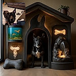 A curious black dog with one ear perked up stands on a tiled floor looking intently at the camera, surrounded by cozy indoor elements like a brown couch, slippers, and some scattered clothes.