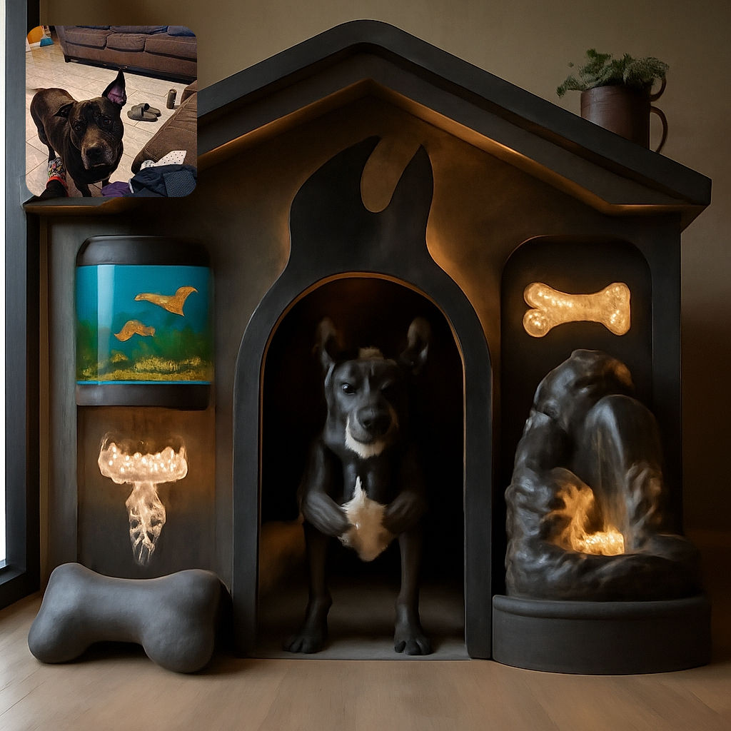 A curious black dog with one ear perked up stands on a tiled floor looking intently at the camera, surrounded by cozy indoor elements like a brown couch, slippers, and some scattered clothes.