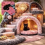 A tiny black kitten with striking blue eyes nestles cozily on a soft pink knitted blanket, surrounded by a contrasting checkered fleece, looking curiously at the camera with an innocent and adorable expression.