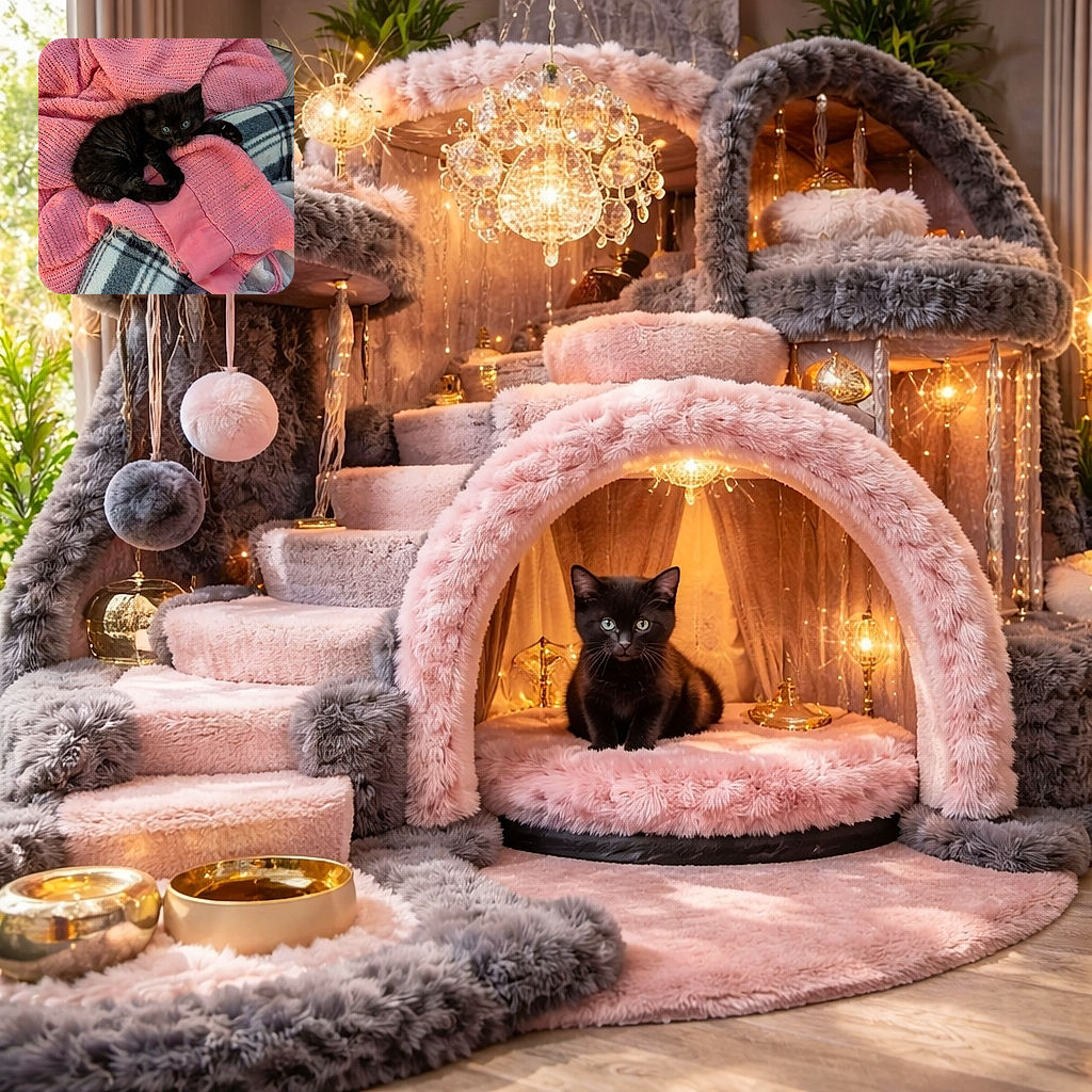 A tiny black kitten with striking blue eyes nestles cozily on a soft pink knitted blanket, surrounded by a contrasting checkered fleece, looking curiously at the camera with an innocent and adorable expression.