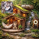 A fluffy, suspicious-looking pup gives the camera a soulful side-eye while standing among little white snowdrop flowers and garden rocks — part majestic woodland creature, part mischievous flower inspector plotting its next sniff.