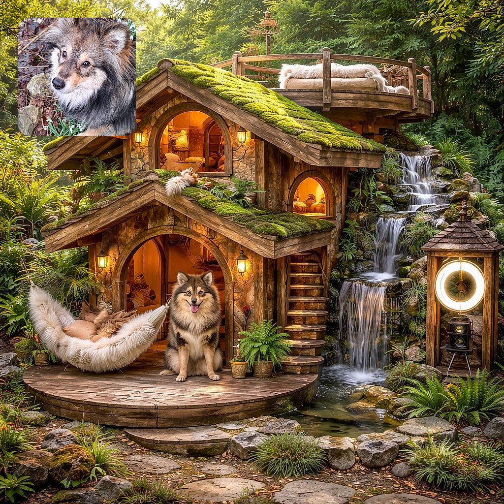 A fluffy, suspicious-looking pup gives the camera a soulful side-eye while standing among little white snowdrop flowers and garden rocks — part majestic woodland creature, part mischievous flower inspector plotting its next sniff.