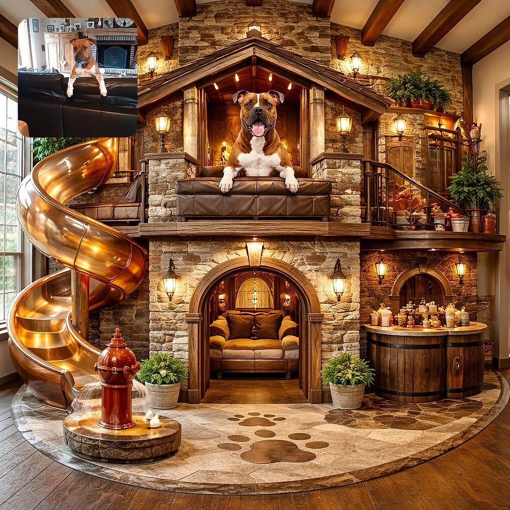 A vigilant dog perches on the back of a black leather couch like it owns the living room — front paws draped over the edge, ears alert and eyes staring at the camera. Behind it a cozy, rustic interior with exposed wooden beams, a stone/brick fireplace topped by a large clock and family photos, a wooden cabinet and a sunny window to the left. The scene reads like a sitcom freeze-frame: proud pet on throne, humans out of shot.