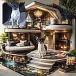 A small, alert black and white dog with large ears sits attentively on a soft gray blanket, with a dark background and a person's arm partially visible, giving the impression of a cozy indoor moment.