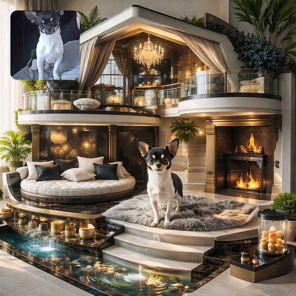 A small, alert black and white dog with large ears sits attentively on a soft gray blanket, with a dark background and a person's arm partially visible, giving the impression of a cozy indoor moment.